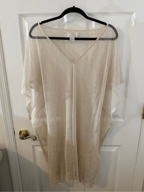 Cream Mesh V-Neck Swim Coverup